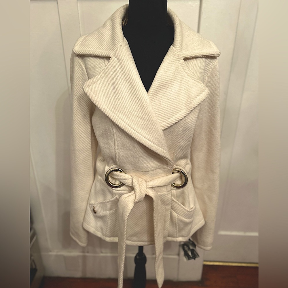 NWT Size LG Baby Phat Jacket Women Y2K CREAM Colored Wool Coat Waist Tie